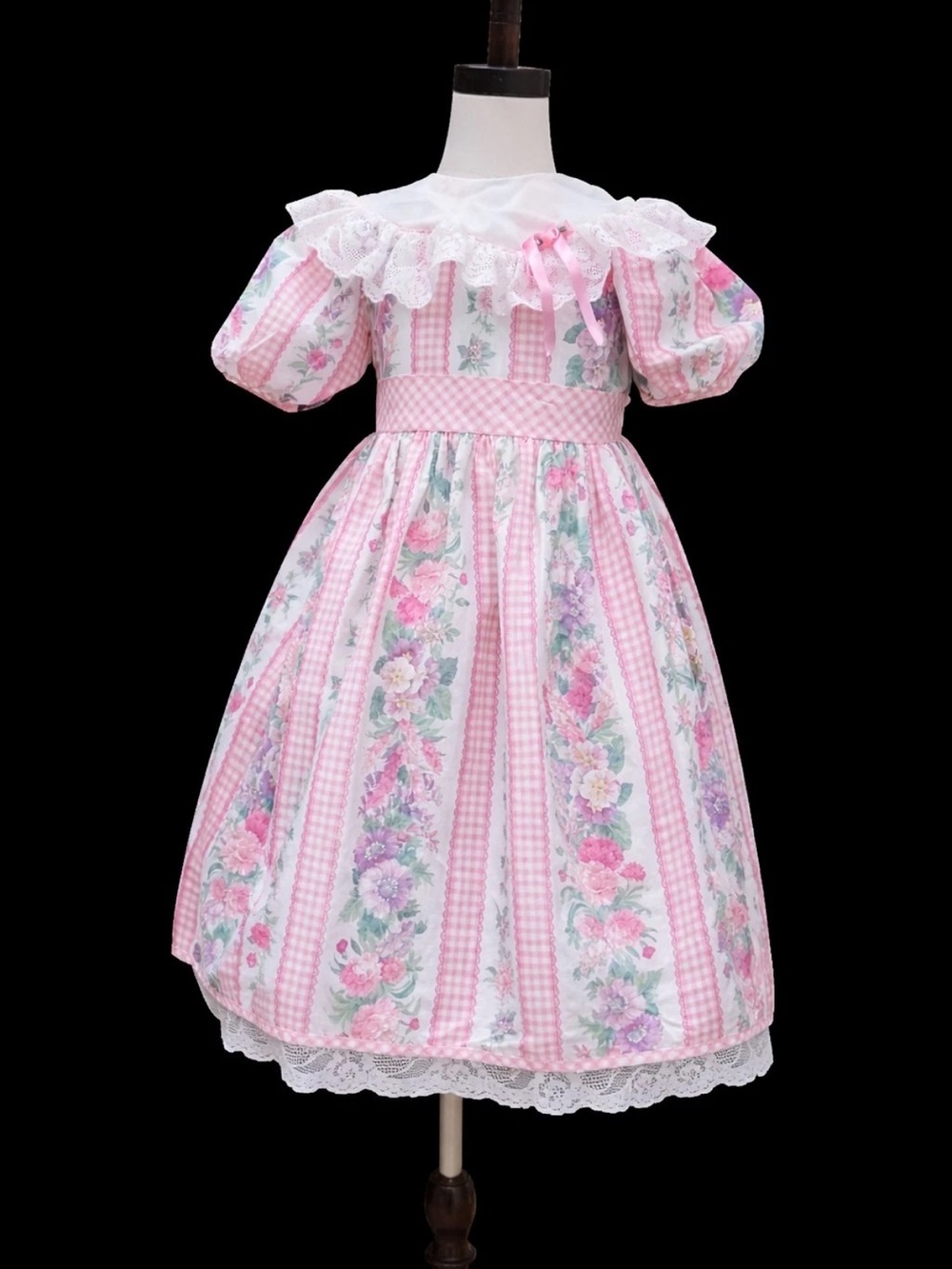 Vtg Miniworld Heirloom Pink Floral Cottagecore Easter Garden Party Dress Lace 6